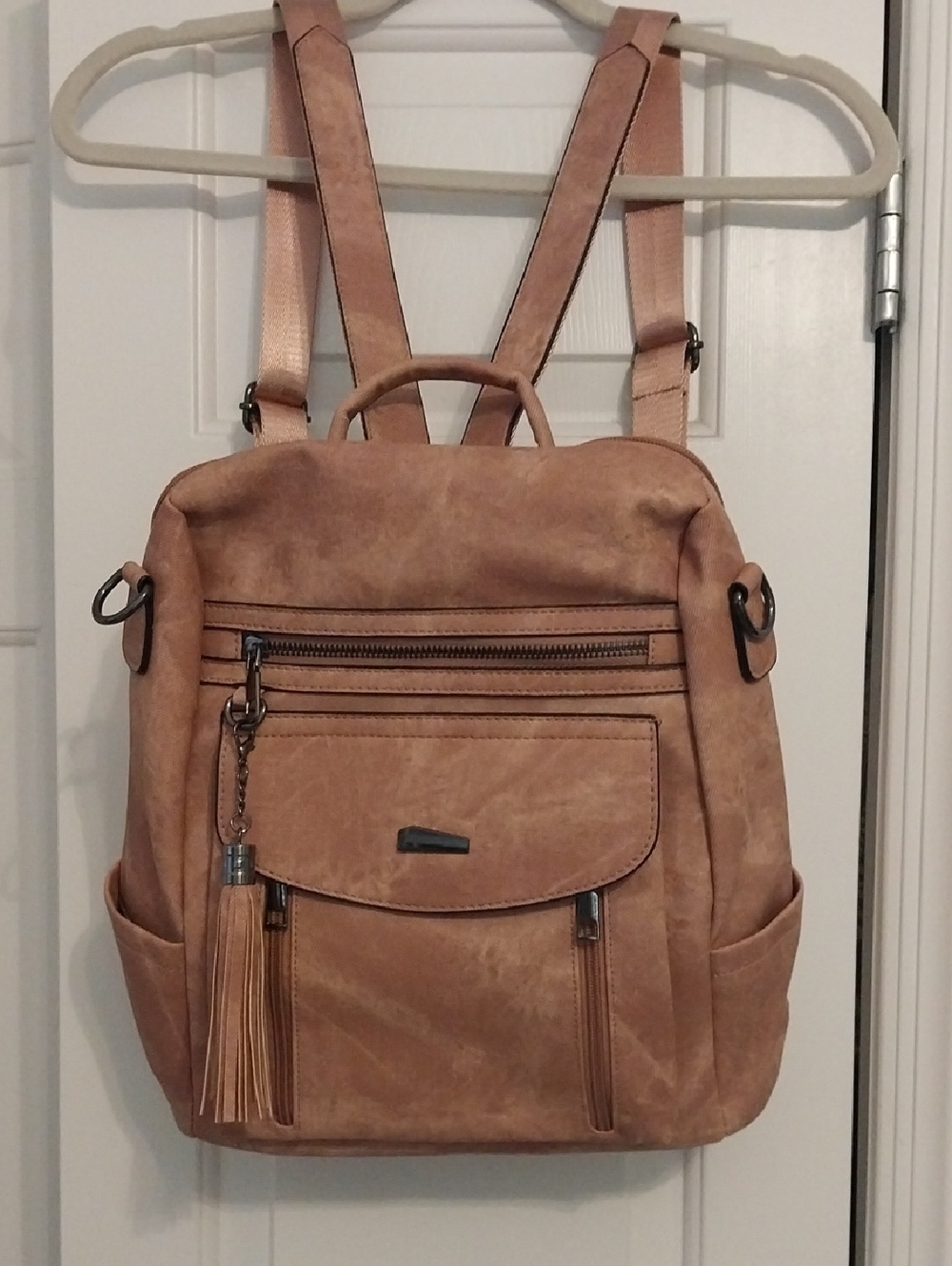 Pink Peachy Color Women's Faux Leather Backpack Handbag with Tassel